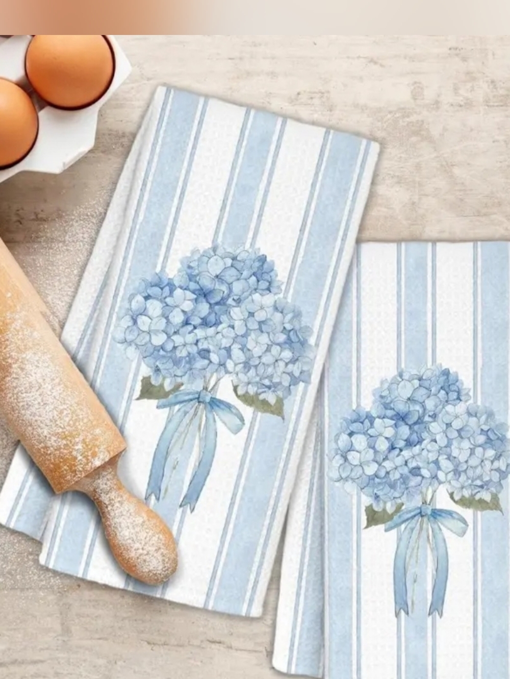 NEW! Baby Blue Striped Hydrangea Hand Towels Set Of 2